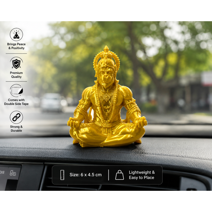 Hanuman Ji Golden Mini Idol for Car Dashboard, 6x4.5 cm | Double Side Tape, Bajrangbali Murti, Home & Office Use, Dashboard Accessory, Spiritual Statue