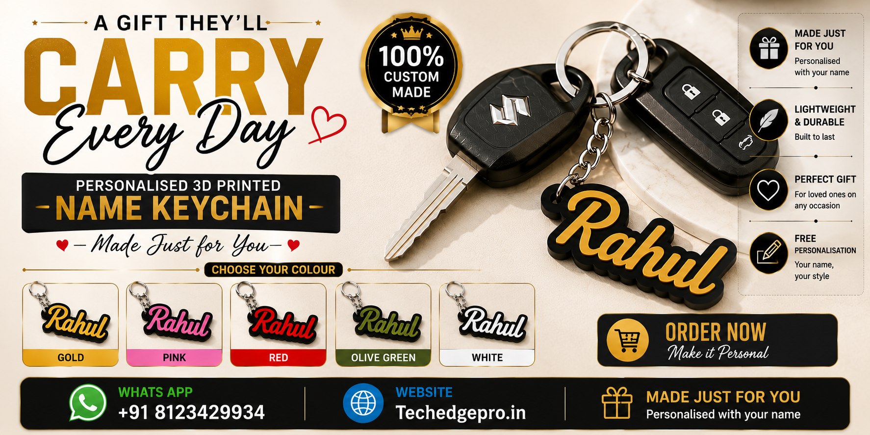 Personalised 3D Printed Name Keychain - Order Now